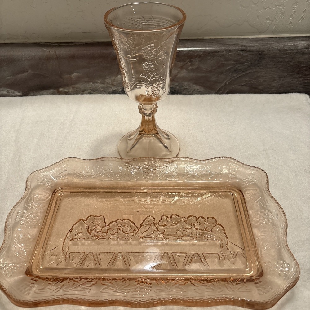 VTG Indiana Tiarra Glass Pink Bread Plate Last Supper 11"x7" And 1 Goblet